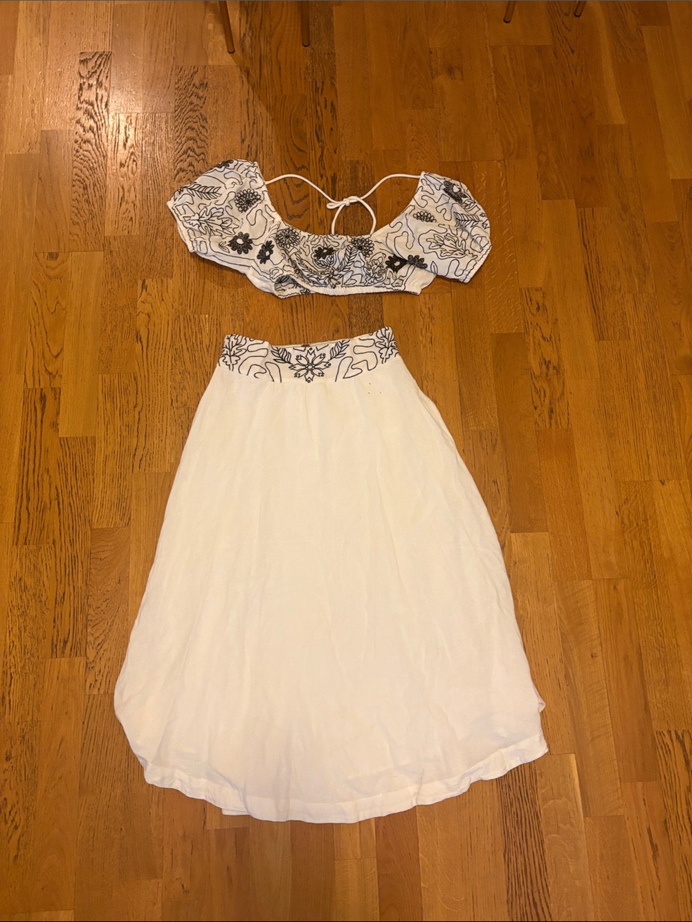Free People White Midi Skirt Set with Black Embroidered Trim